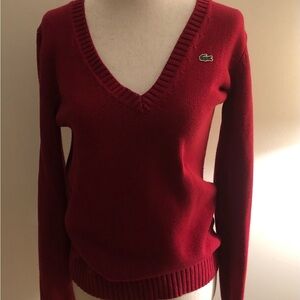 Vintage Lacoste Women's Deep Red V-Neck Sweater